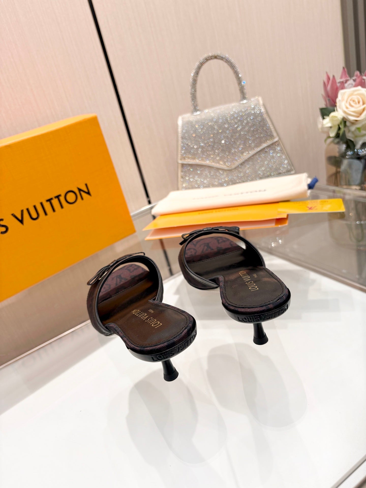 LV 26S HIGH-HEELED MULES 55 MM IN MUTED PLUM BROWN MONOGRAM CANVAS
