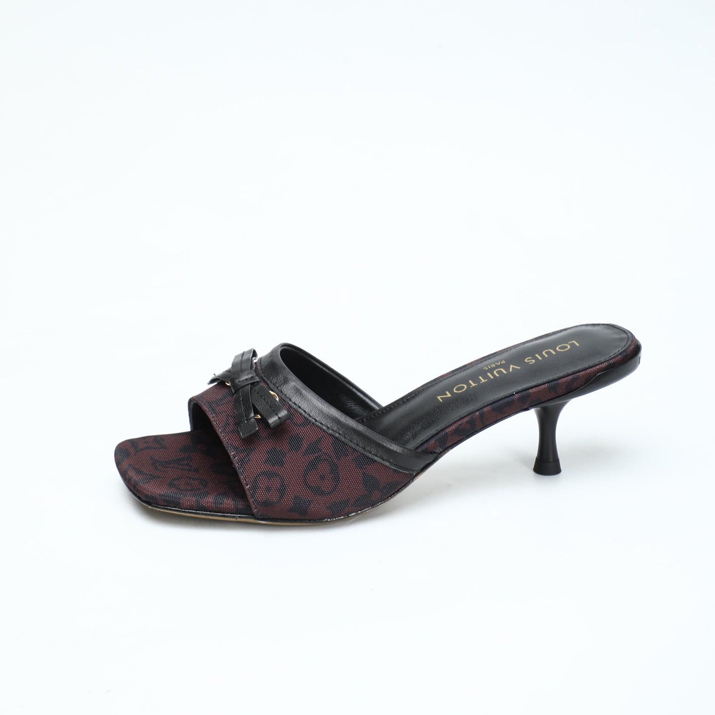 LV 26S HIGH-HEELED MULES 55 MM IN MUTED PLUM BROWN MONOGRAM CANVAS