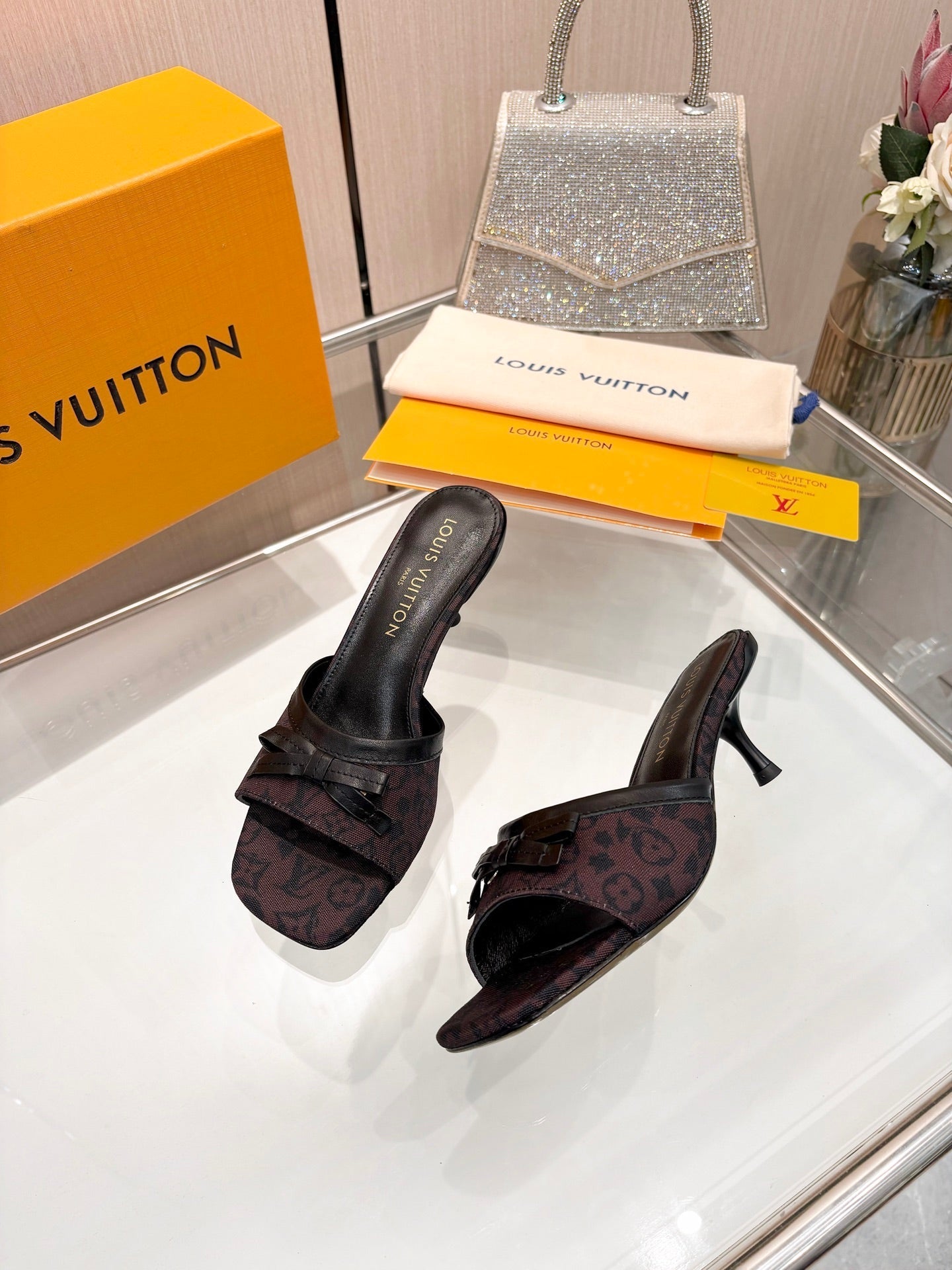 LV 26S HIGH-HEELED MULES 55 MM IN MUTED PLUM BROWN MONOGRAM CANVAS
