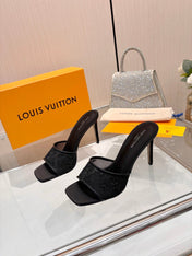 LV 26S MULE HEELS 90 MM IN BLACK FABRIC AND LAMBSKIN