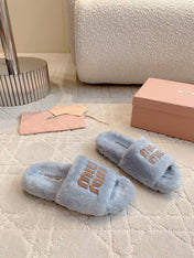 RABBIT FUR SLIPPERS RHINO GRAY WITH EMBROIDED LOGO