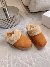 CELINE 25S DANA WEDGE MULE 70MM IN BURNT ORANGE SUEDE CALFSKIN AND SHEARLING