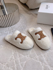 CELINE 26S MULES WITH LOGO IN WHITE AND BROWN WOOL