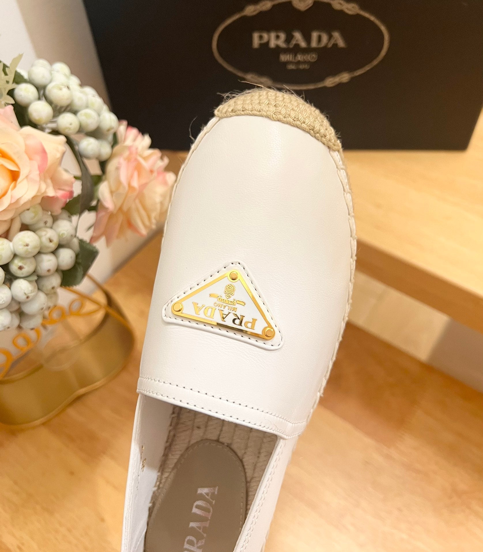 PRADA 26S LOGO ESPADRILLE SLIP ON FLATS IN WHITE CALFSKIN
