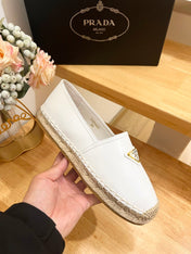 PRADA 26S LOGO ESPADRILLE SLIP ON FLATS IN WHITE CALFSKIN