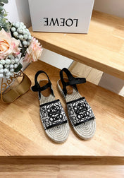 Loew Anagram Black logo White Black Beige Leather And Canvas Espadrille Sandals