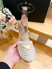 PRA STRIPE ESPADRILLE WEDGE SANDAL PASTEL PINK FABRIC