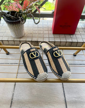 VALENTINO 26S ESPADRILLE MULES IN BLACK AND BEIGE RAFFIA