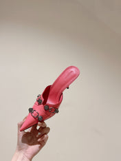 CAGOLE POINTED HIGH MULES IN ROMAN PINK SHINY CALFSKIN