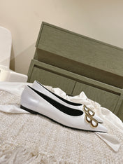 POINTED BB GOLD BUCKLE BALLET FLAT IN WHITE SHINY LAMBSKIN
