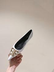 POINTED BB GOLD BUCKLE BALLET FLAT IN WHITE SHINY LAMBSKIN