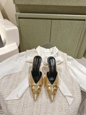 POINTED BB GOLD BUCKLE HIGH MULES IN GOLD METALLIC CALFSKIN