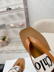 CHLOÉ THONG SANDALS IN CINNAMON BROWN CALFSKIN AND WHITE CANVAS
