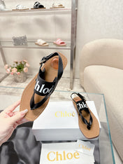 CHLOÉ THONG SANDALS IN BLACK CALFSKIN AND CANVAS