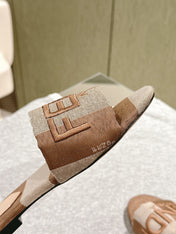 FENDI 26S SLIDE SANDALS IN BEIGE AND BROWN CANVAS