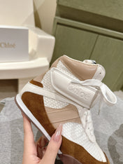 CHLOÉ 26S HIGH-TOP SNEAKERS IN WHITE CALFSKIN AND BROWN SUEDE