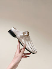 CHLOÉ 26S WOVEN MULES IN LIGHT BEIGE CALFSKIN