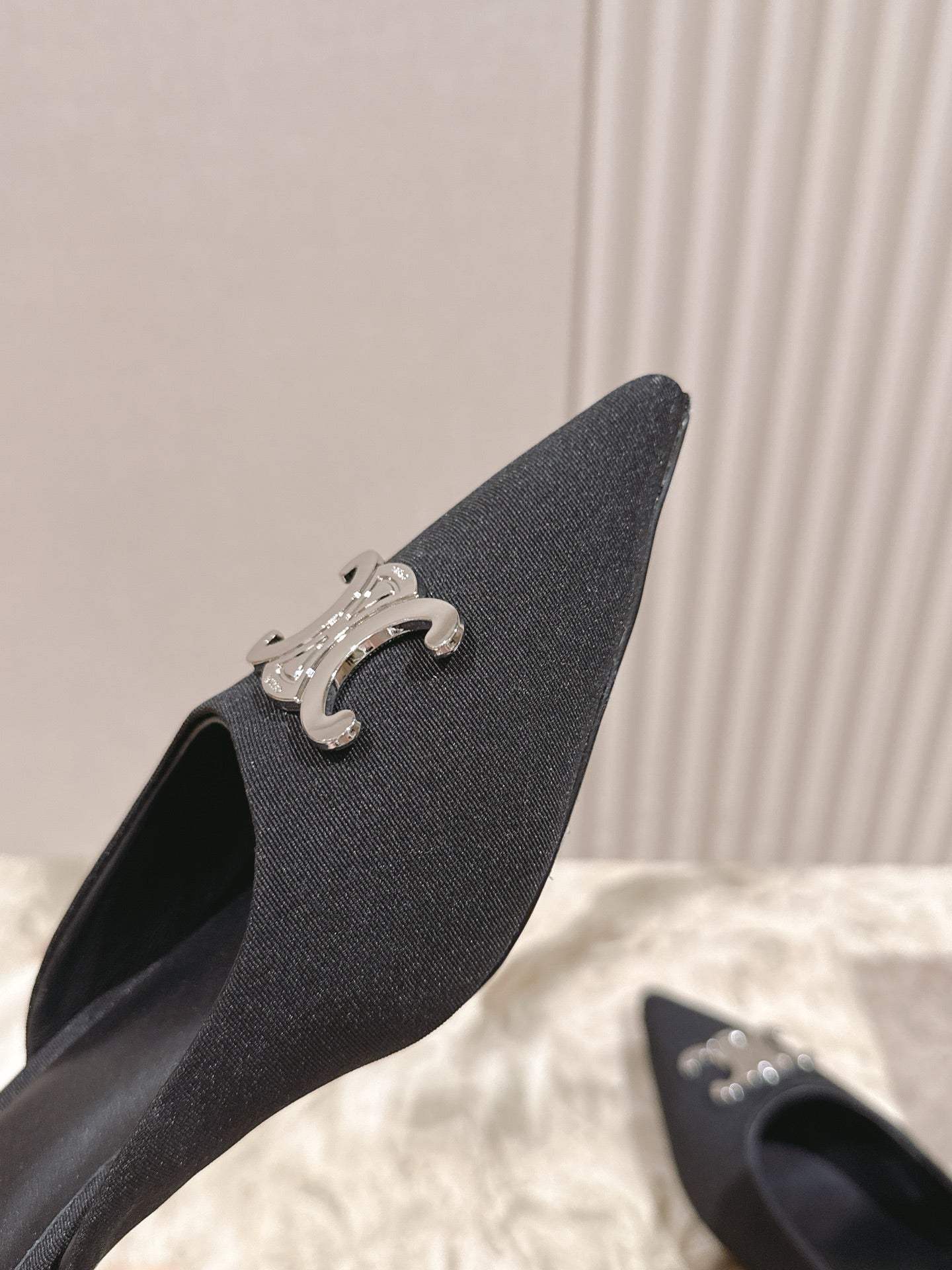 CELINE 25S ALMA TRIOMPHE MULE 45MM IN BLACK DENIM SILVER HARDWARE