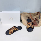 THE ROW 26S SLIDES SANDALS IN LEOPARD CALF HAIR CROSS STRAP