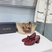 ALAIA 26S HIGH-HEEL MARY JANES 50 MM IN DARK RED WOVEN MESH