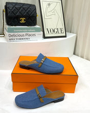 IENA MULE LAPIS CANVAS AND CARAMEL CALFSKIN