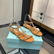 AQUAZZURA 26S FLAT SANDALS IN CAMEL CALFSKIN CRYSTAL EMBELLISHED