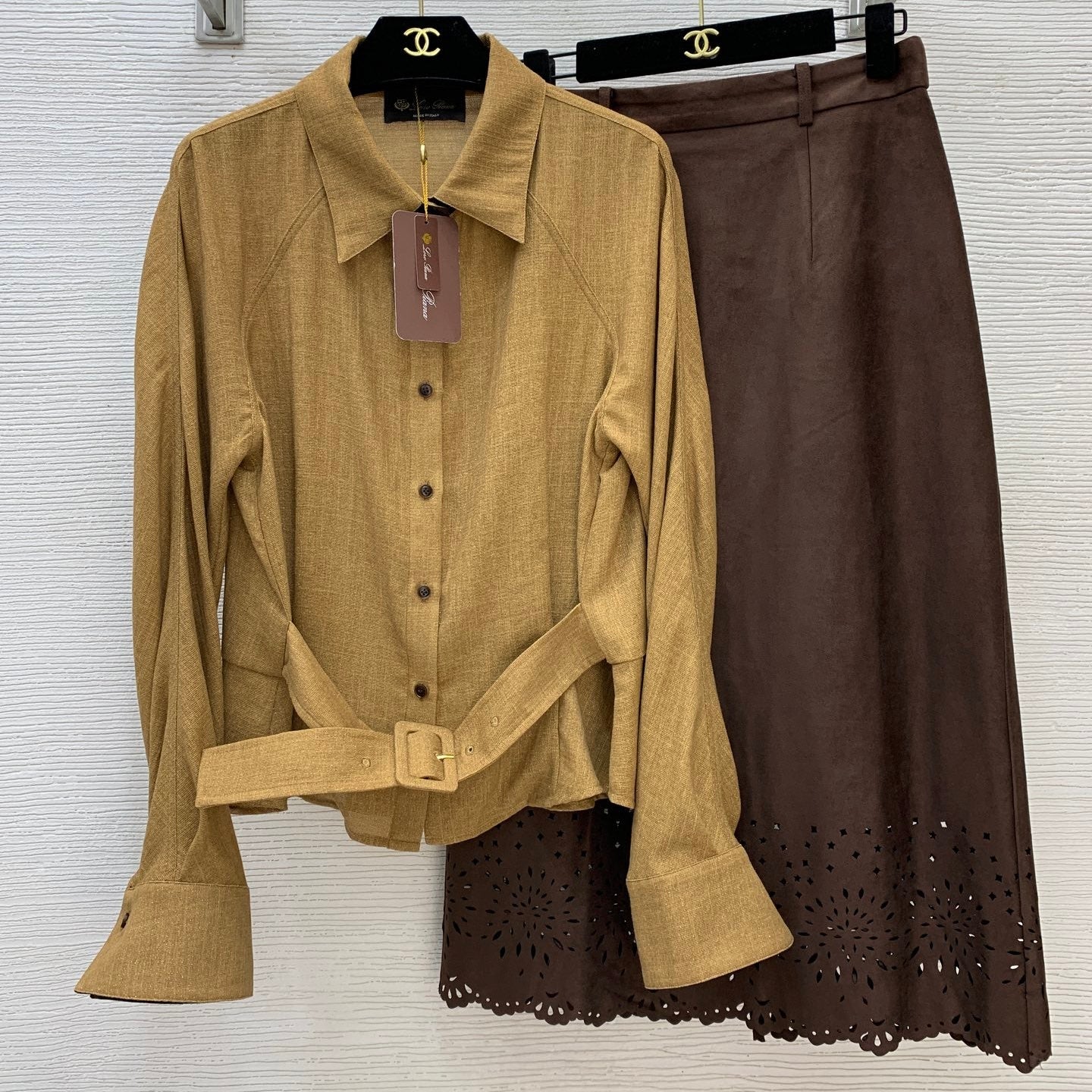 LORO PIANA 26S LONG-SLEEVE SHIRT & MIDI SKIRT SET 880
