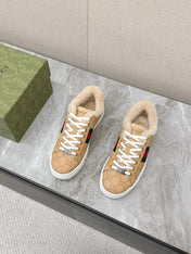 GG ACE SNEAKER WITH WEB IN BEIGE EMBOSSED SUEDE AND WOOL LINING