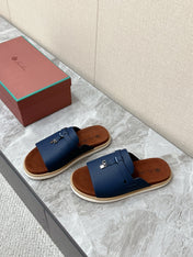 LP 26S LOCK MULE SLIDES IN DARK BLUE CALFSKIN SILVER HARDWARE