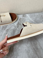 LP 26S LOCK MULE SLIDES IN BEIGE SUEDE SILVER HARDWARE