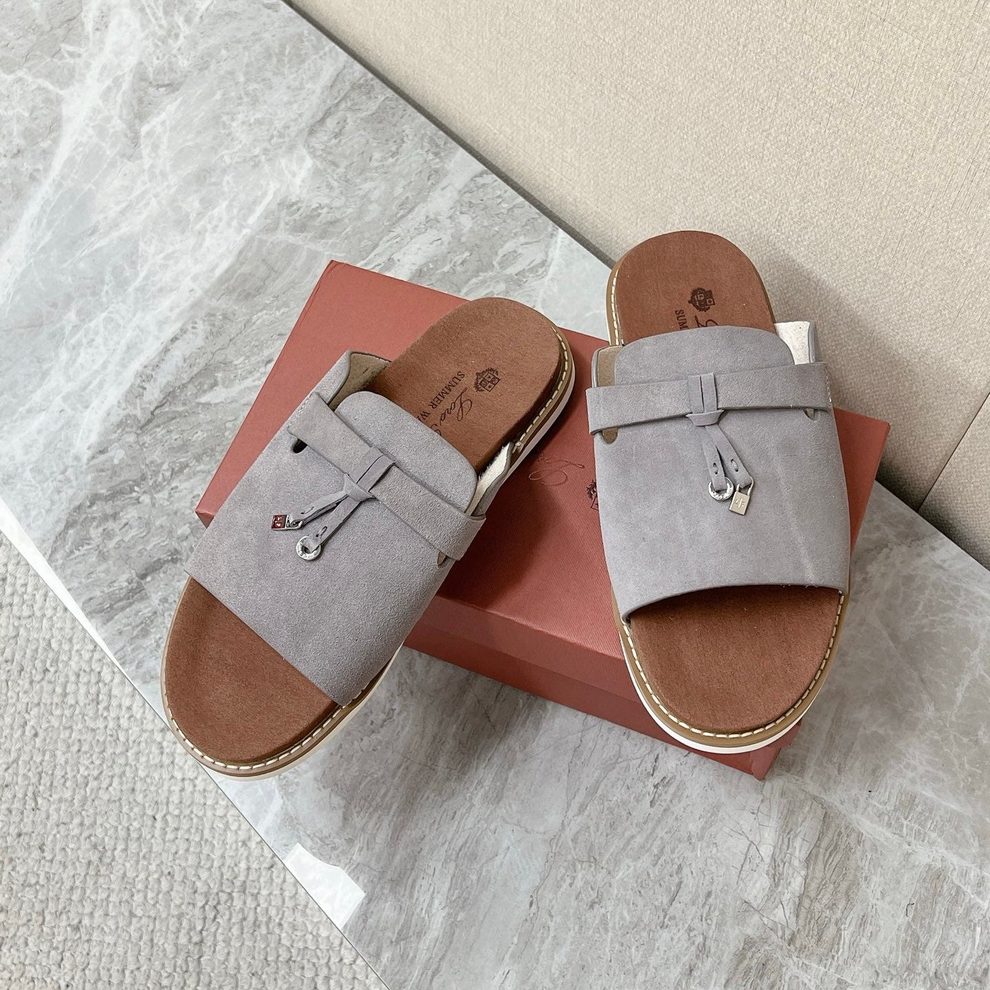 LP 26S LOCK CHARM SLIDES IN GREY SUEDE SILVER HARDWARE
