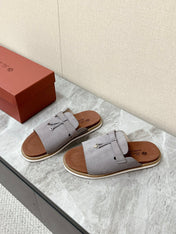 LP 26S LOCK CHARM SLIDES IN GREY SUEDE SILVER HARDWARE