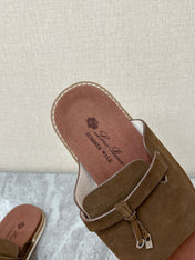 LP 26S LOCK CHARM SLIDES IN DARK BROWN SUEDE SILVER HARDWARE