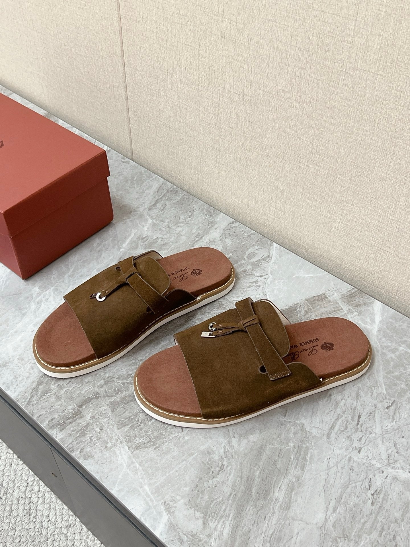LP 26S LOCK CHARM SLIDES IN DARK BROWN SUEDE SILVER HARDWARE