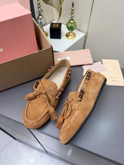 MIUMIU 26S TASSEL LOAFERS IN CARAMEL BROWN SUEDE BEADED TRIM