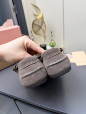 MIUMIU 26S TASSEL LOAFERS IN TAUPE BROWN SUEDE BEADED TRIM