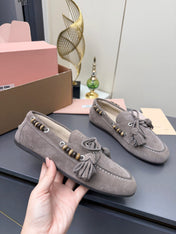 MIUMIU 26S TASSEL LOAFERS IN TAUPE BROWN SUEDE BEADED TRIM
