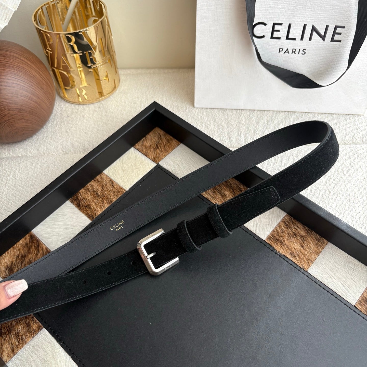 CELINE 26S BELT 25 MM IN BLACK SUEDE 657471
