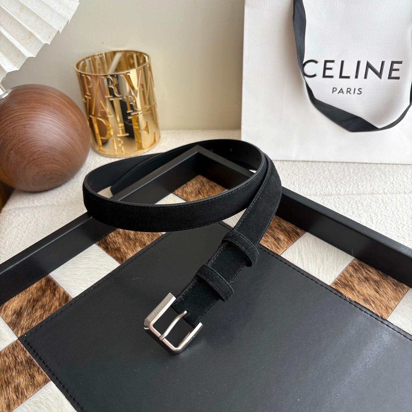 CELINE 26S BELT 25 MM IN BLACK SUEDE 657471