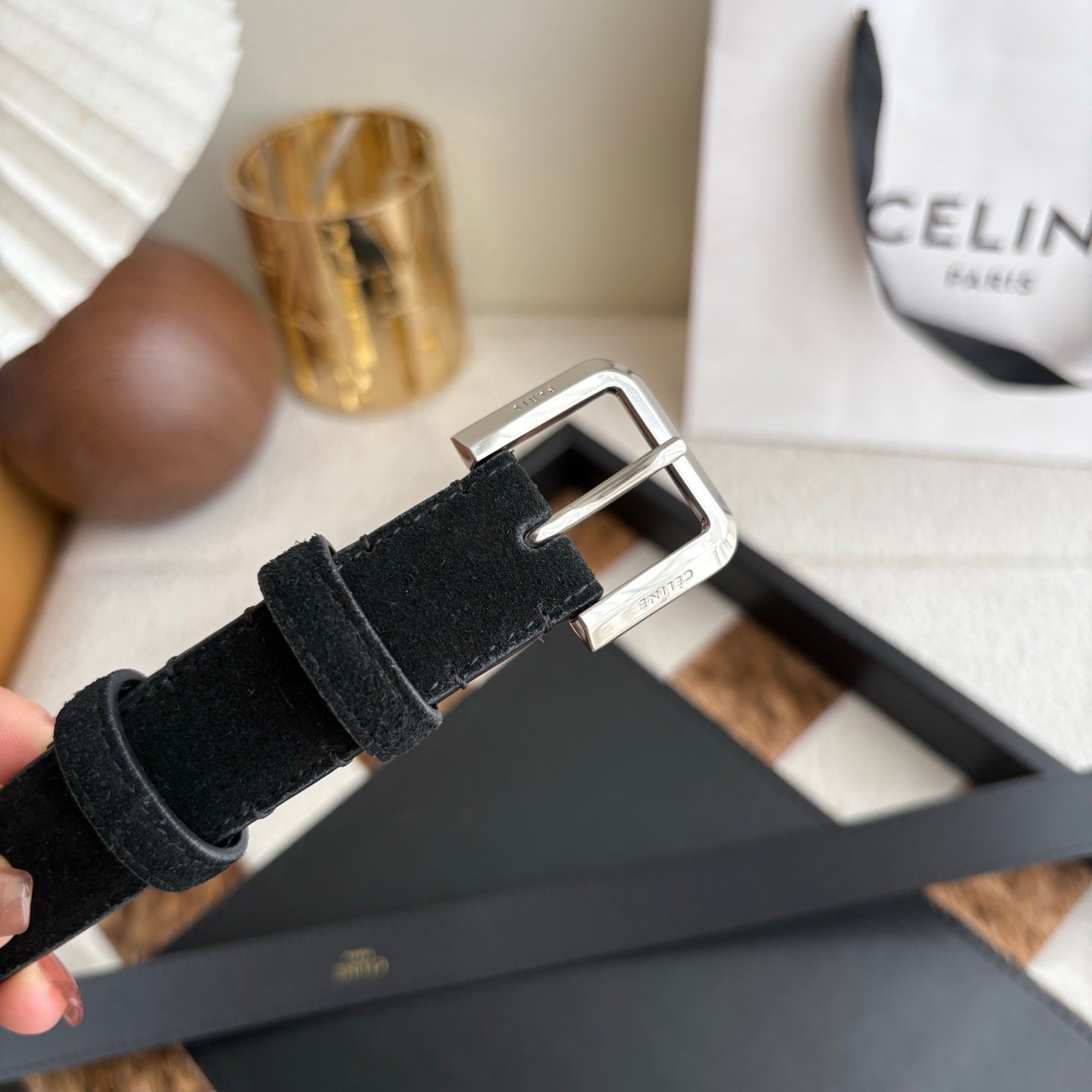 CELINE 26S BELT 25 MM IN BLACK SUEDE 657471