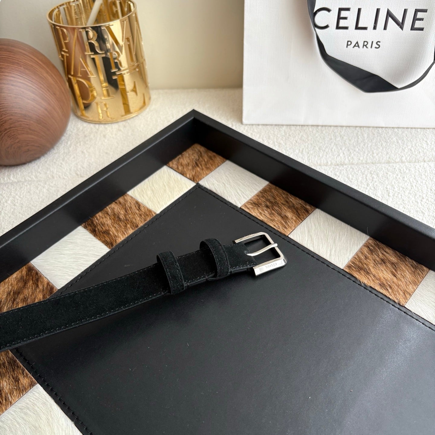 CELINE 26S BELT 25 MM IN BLACK SUEDE 657471