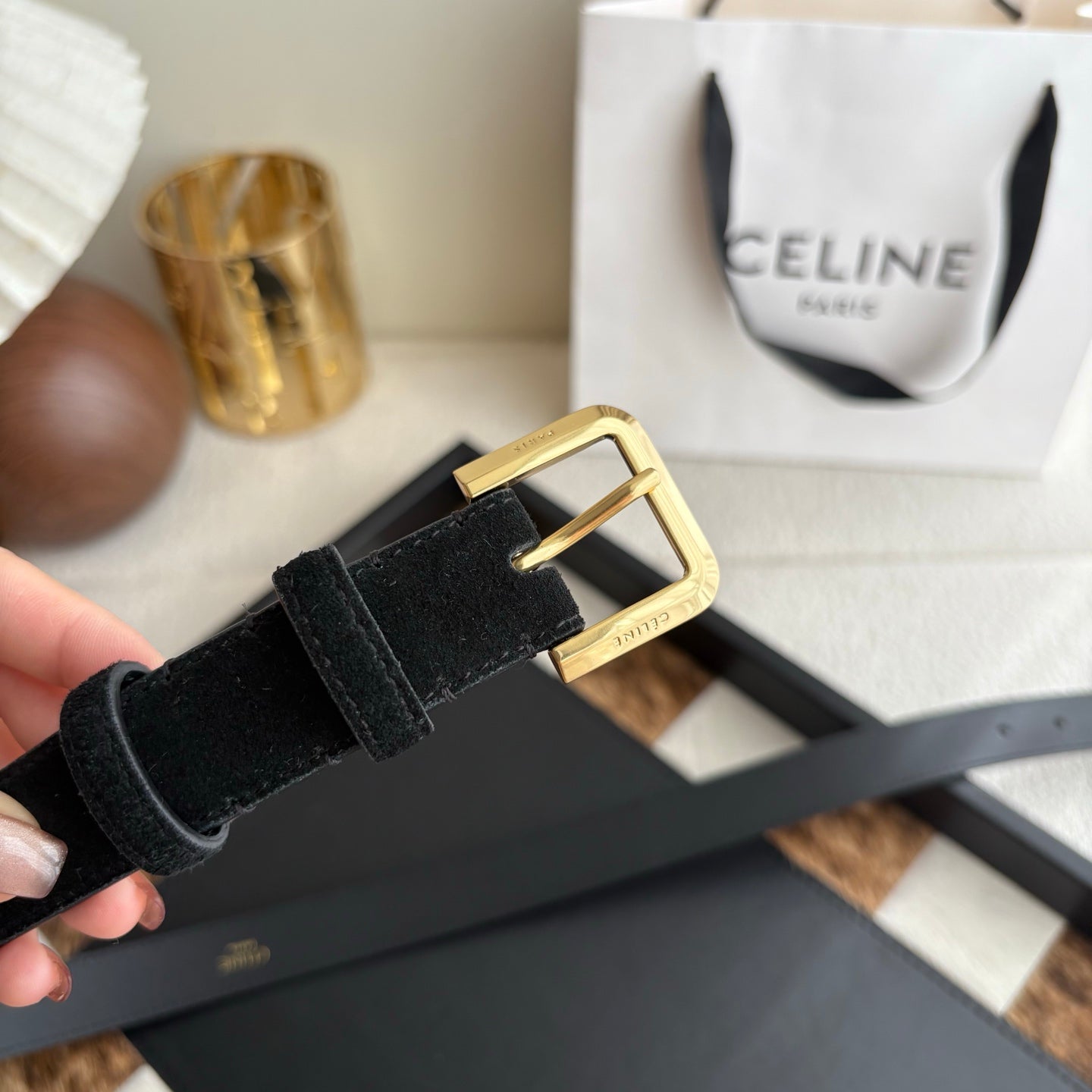 CELINE 26S BELT 25 MM IN BLACK SUEDE 657472