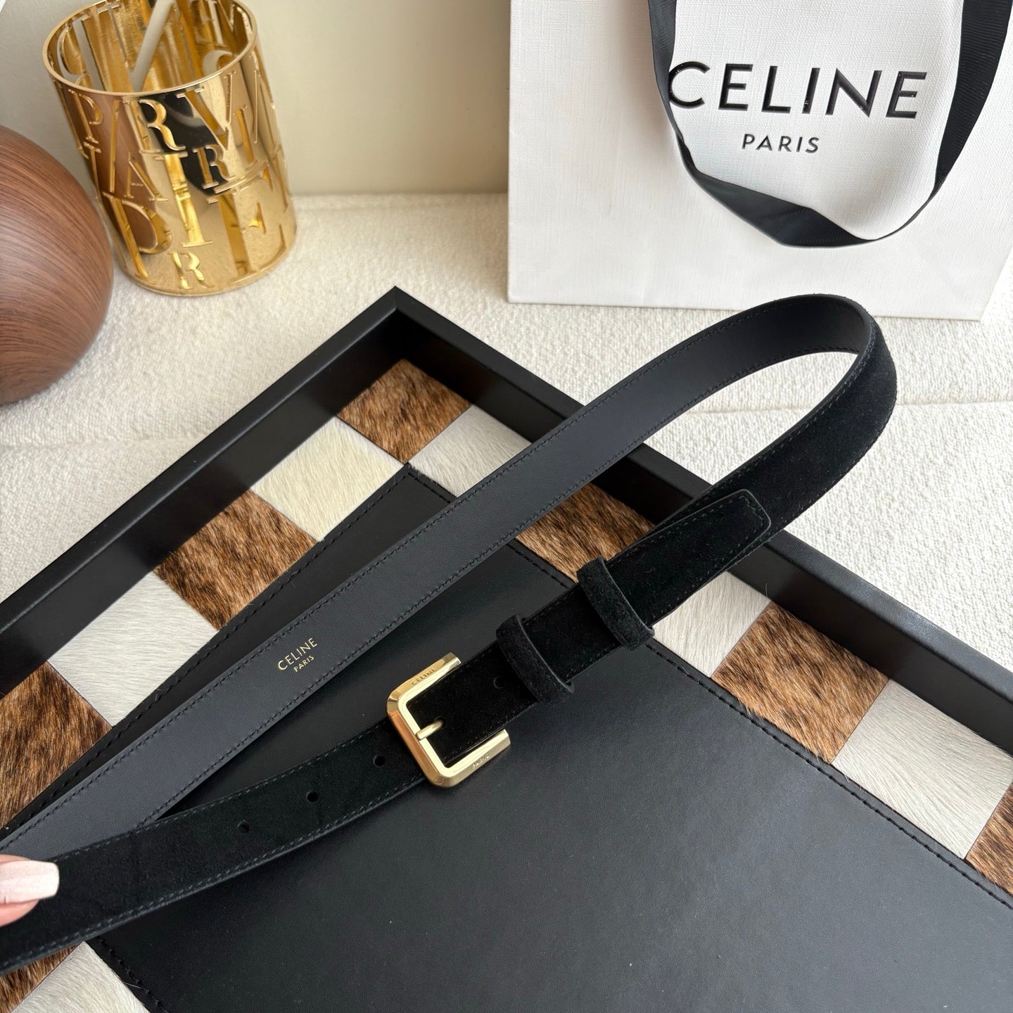 CELINE 26S BELT 25 MM IN BLACK SUEDE 657472