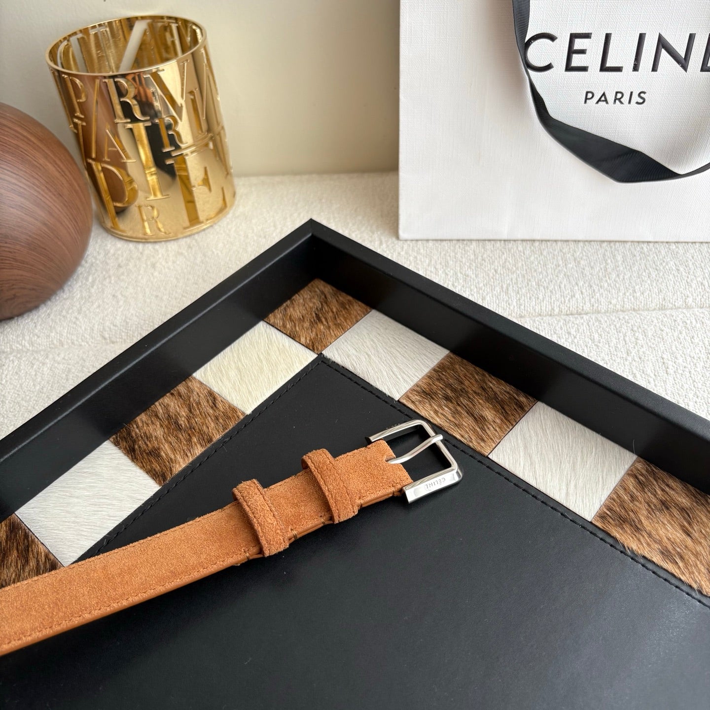 CELINE 26S BELT 25 MM IN CAMEL SUEDE 657473