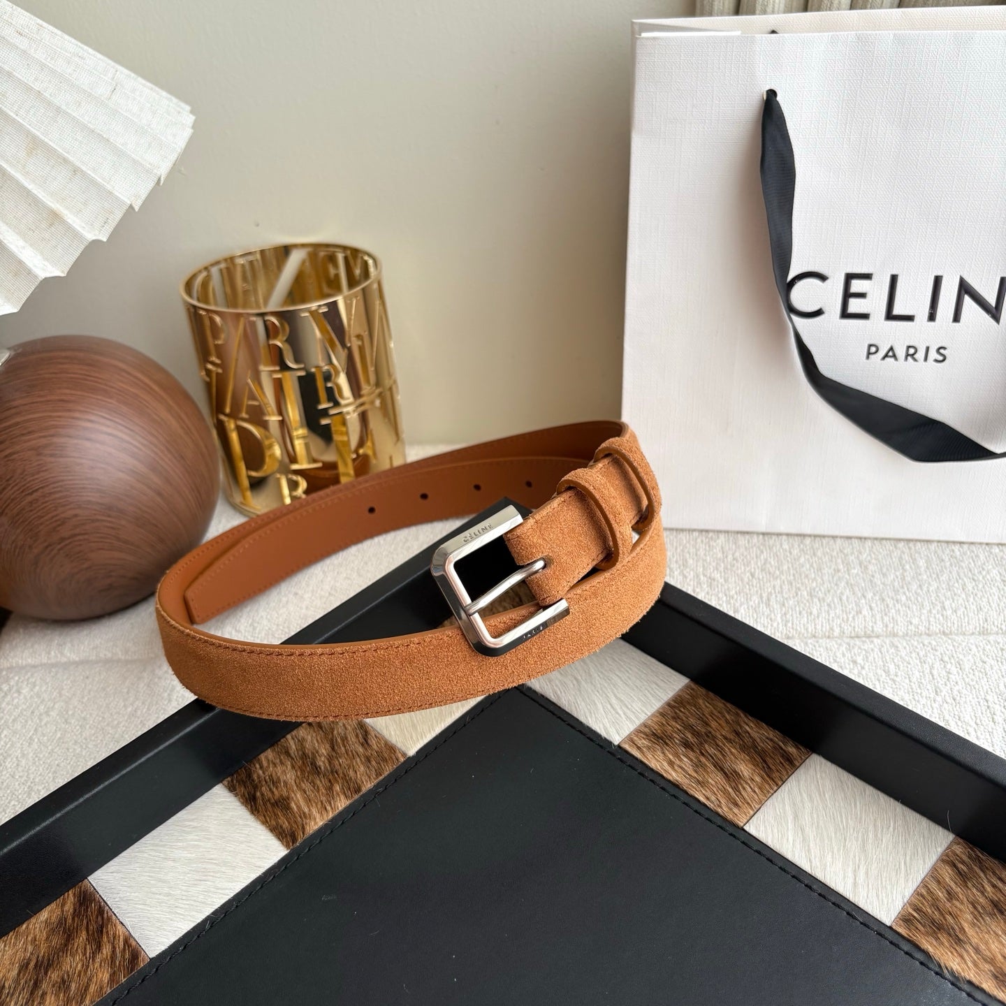 CELINE 26S BELT 25 MM IN CAMEL SUEDE 657473
