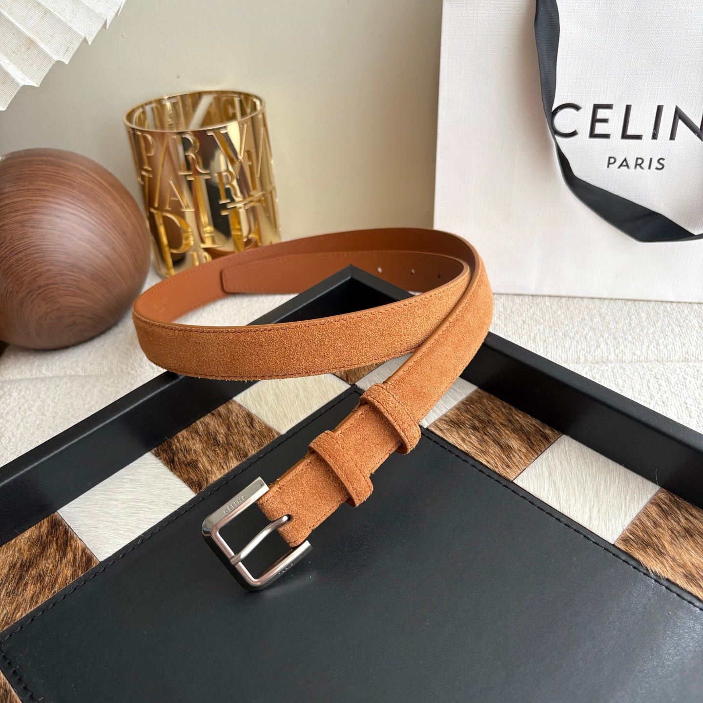 CELINE 26S BELT 25 MM IN CAMEL SUEDE 657473