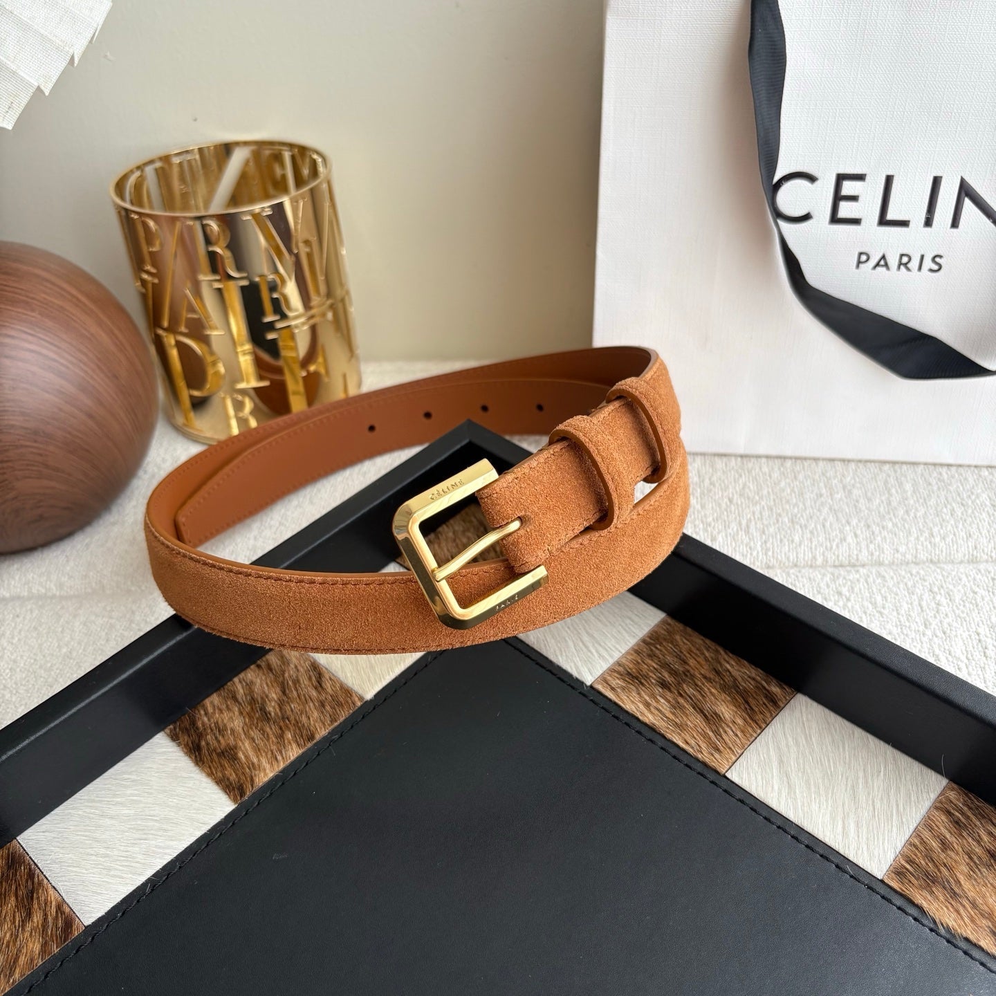 CELINE 26S BELT 25 MM IN CAMEL SUEDE 657474
