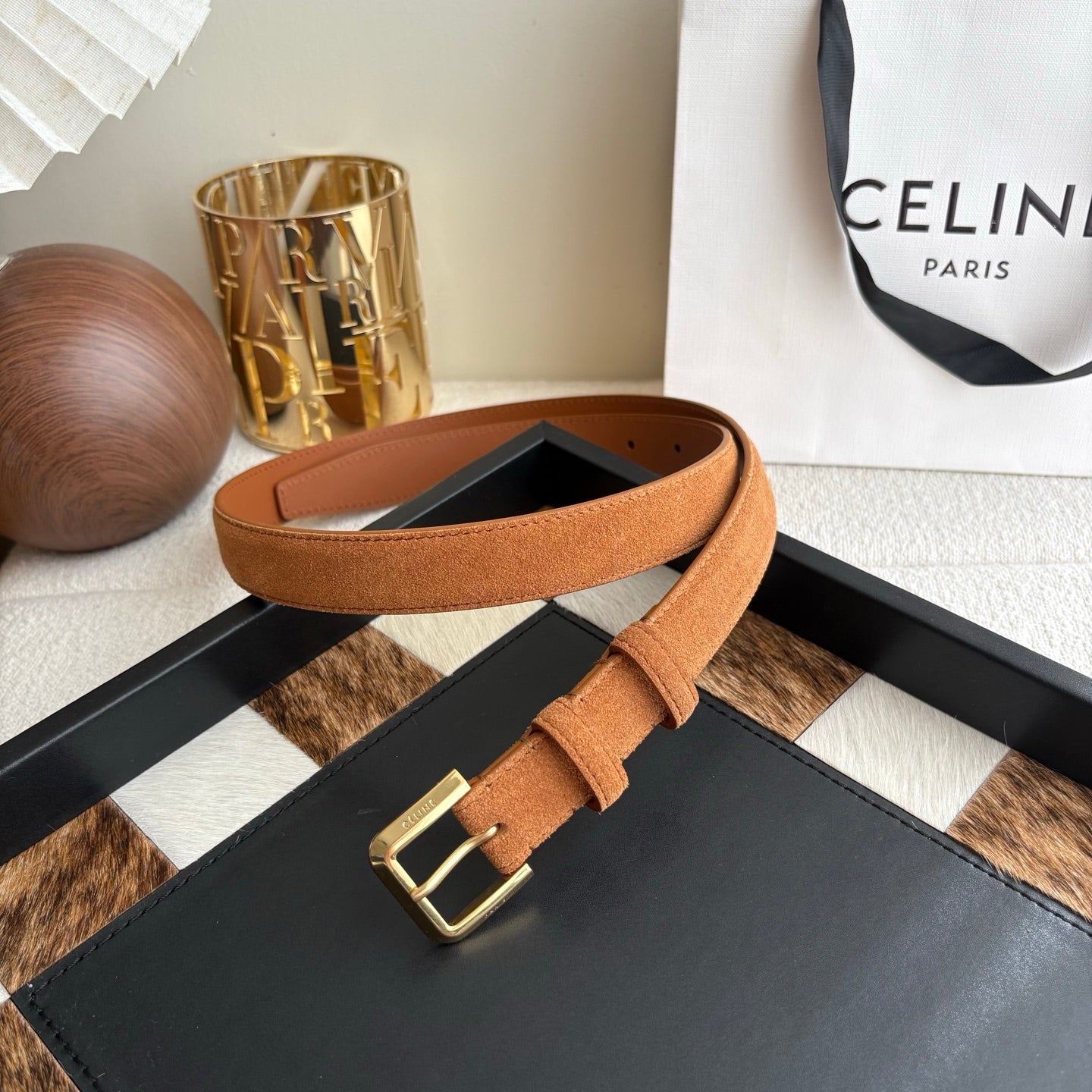 CELINE 26S BELT 25 MM IN CAMEL SUEDE 657474