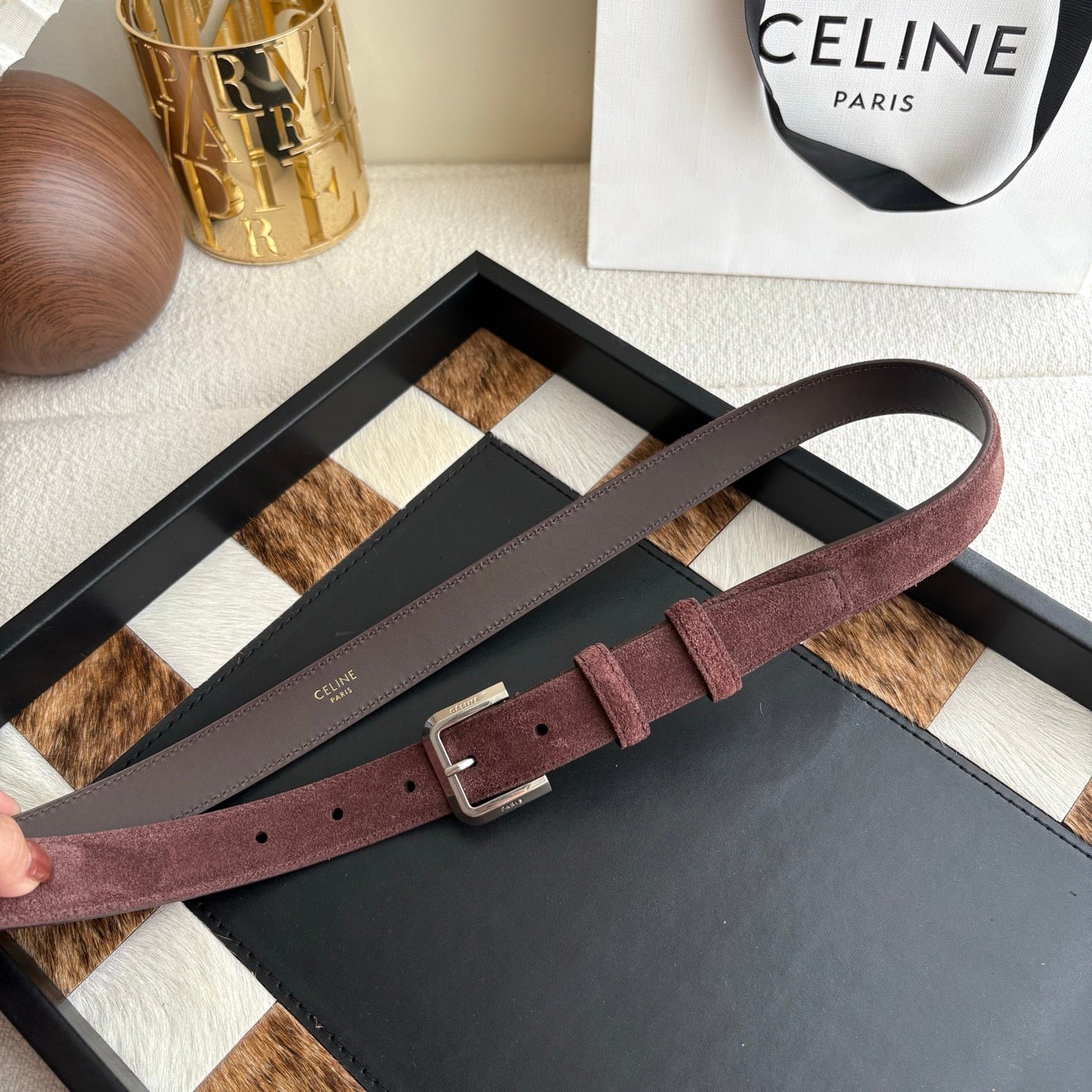 CELINE 26S BELT 25 MM IN CHOCOLATE SUEDE 657475