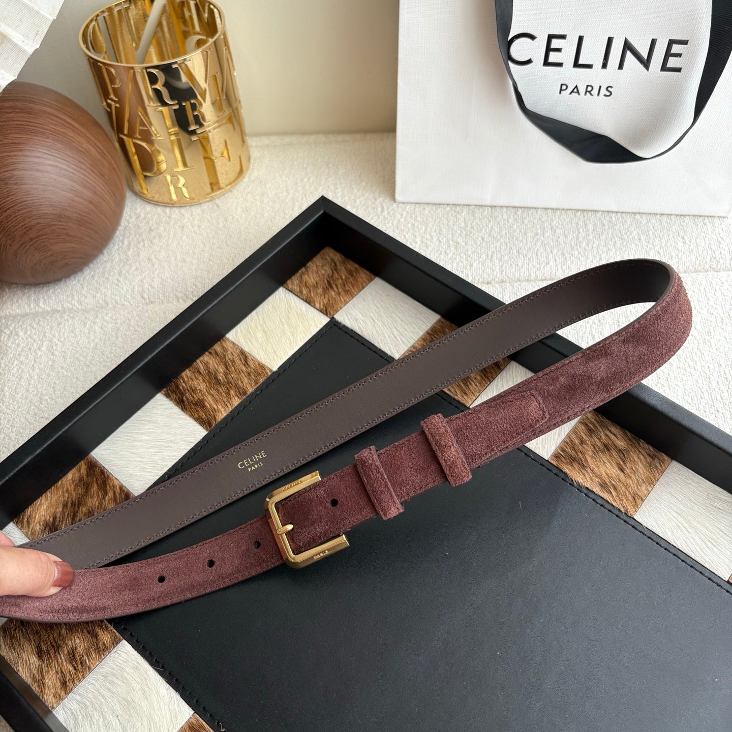 CELINE 26S BELT 25 MM IN CHOCOLATE SUEDE 657476